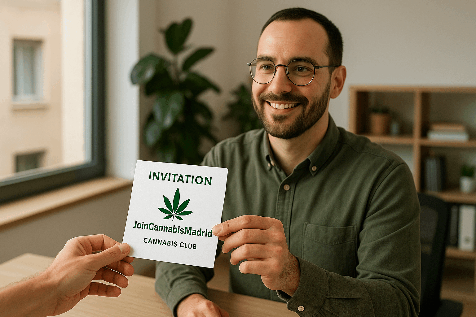 Tourist requesting an online invitation to a cannabis club in Madrid on a laptop with the JoinCannabisMadrid logo on screen_11zon
