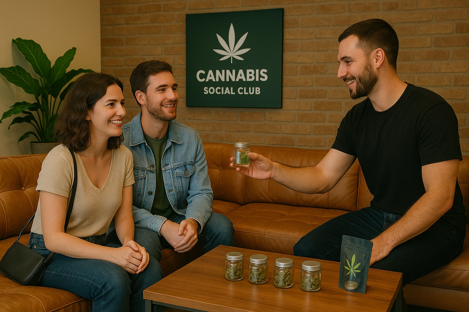 Tourists safely buying weed in Madrid inside a cannabis social club, with staff showing cannabis products in a cozy weed club Madrid.