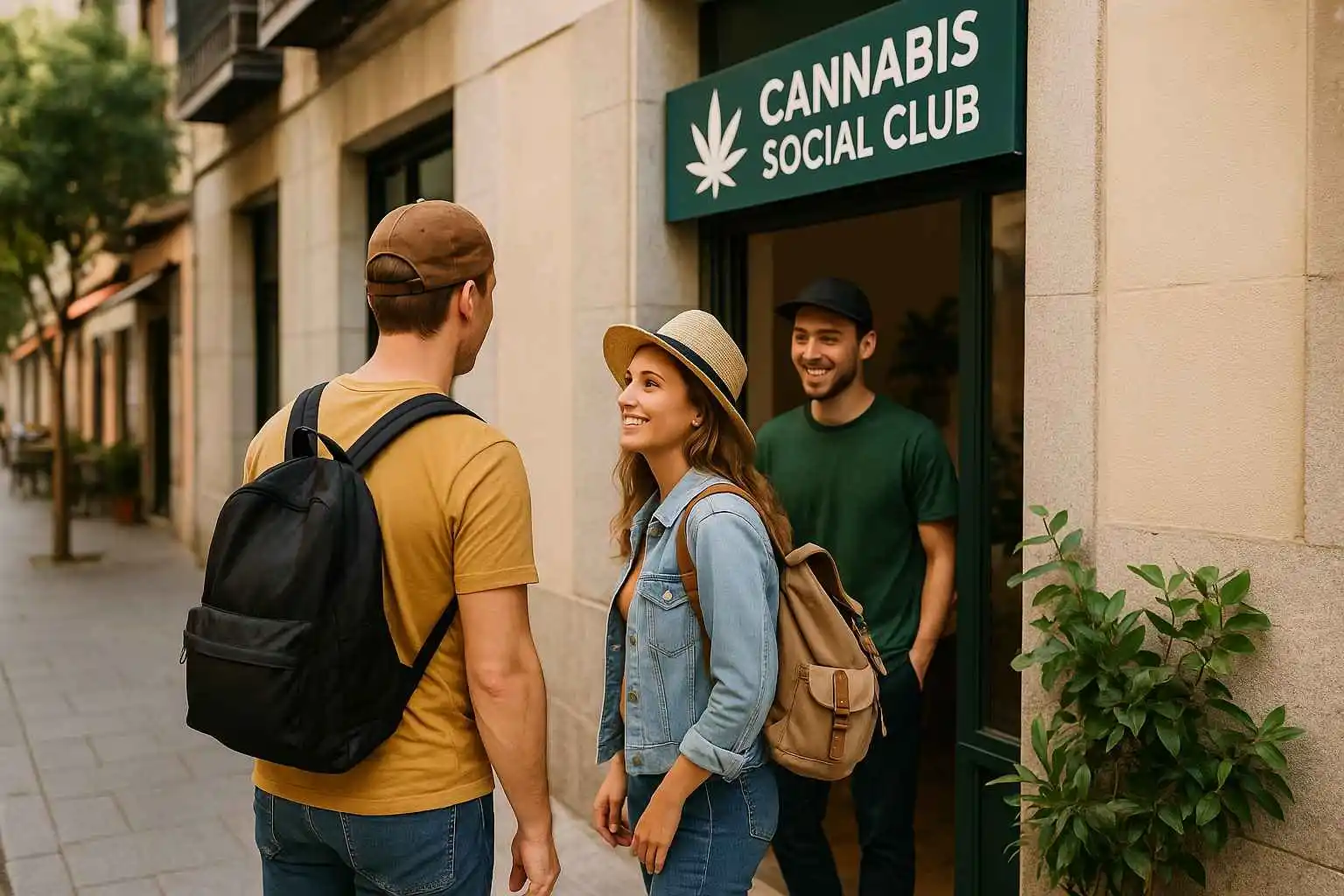 Tourists visiting a cannabis social club Madrid, smiling at the entrance of a modern weed club Madrid on a charming city street